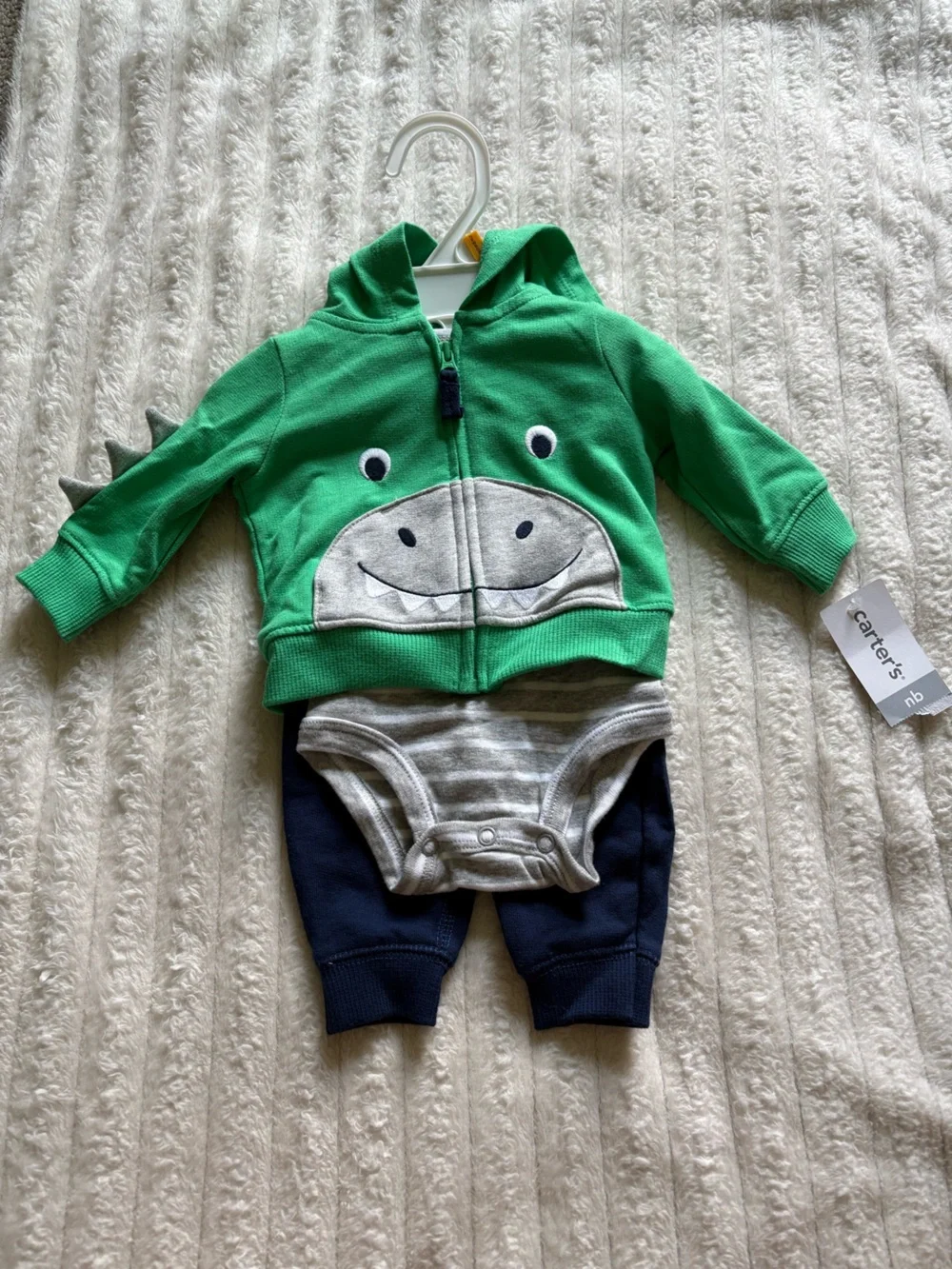 Carter's Green Dino Hoodie One-Piece Bodysuit with Navy Bottoms